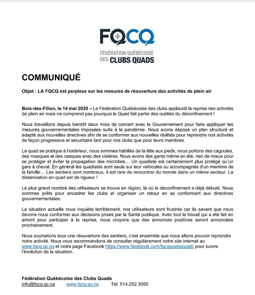 La FQCQ est perplexe tout comme les quadistes du Québec