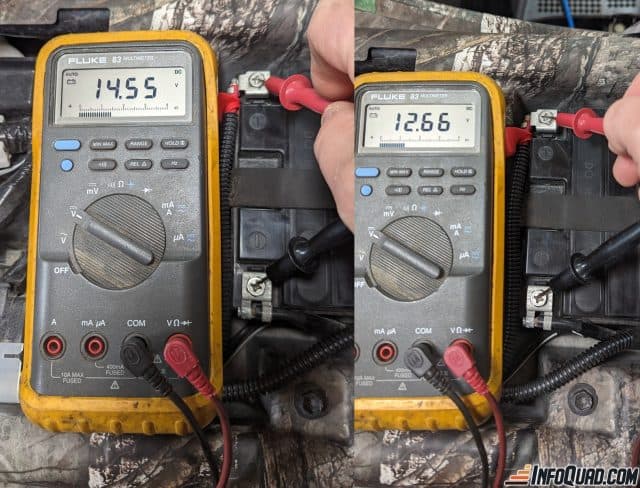 Image de droite : voltage entre 14V à 14.6V avec moteur en marche. Image de gauche environ 12 et 12.8 V moteur à l’arrêt.