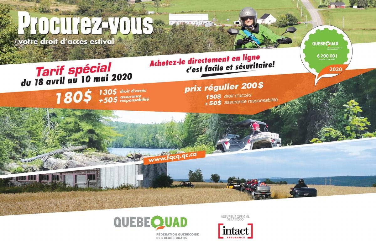 Prévente du droit d’accès estival 2020 FQCQ - Quad VTT