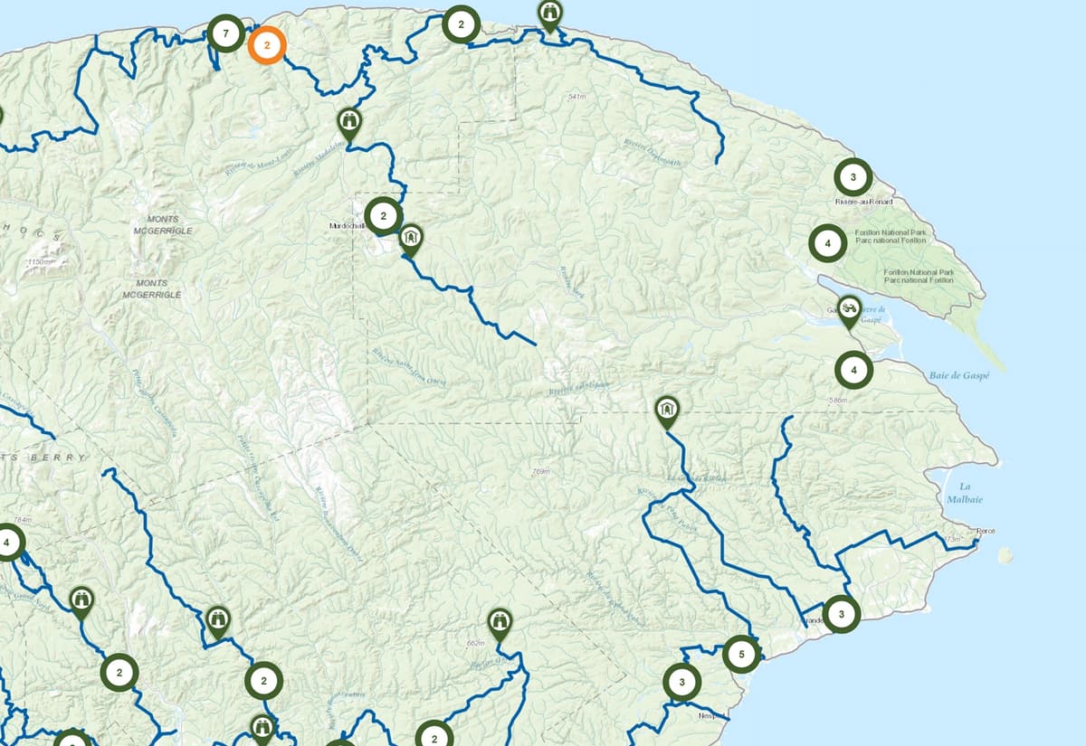 Trails open as of June 2024 on the eastern tip of the Gaspé Peninsula.