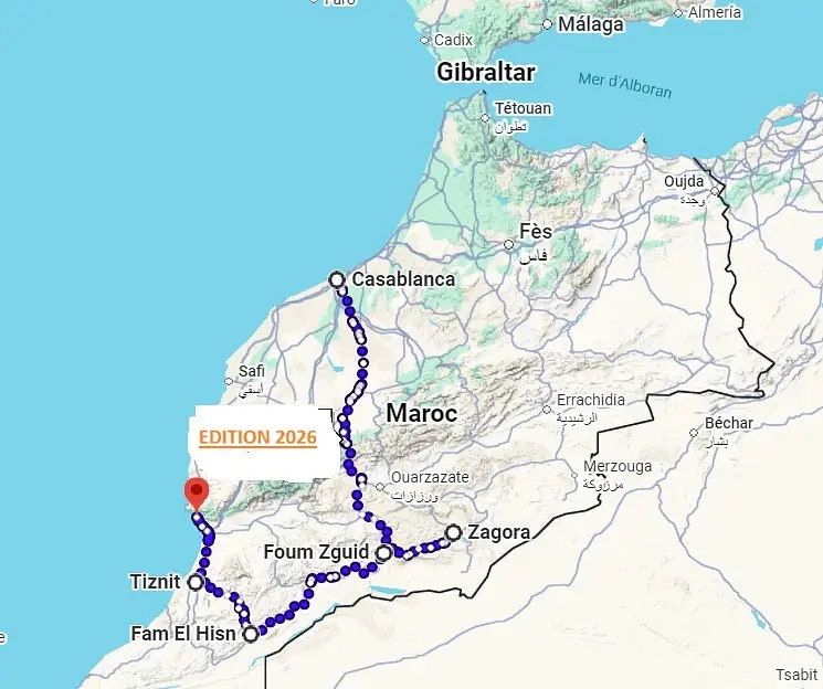Map of the 2026 Roses des Sables Rally route in Morocco