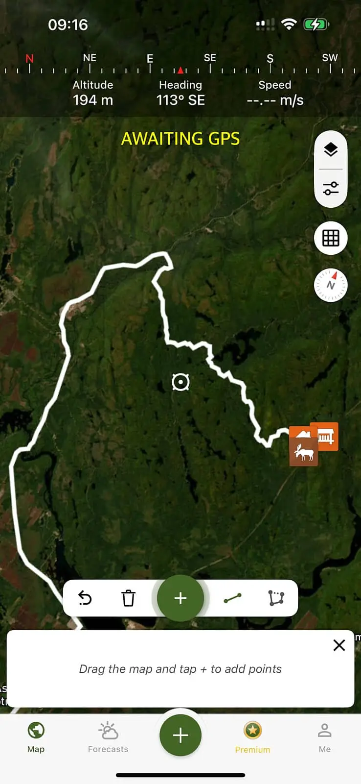 Capture d’écran de l’application Hunting Points avec un trajet GPS enregistré.