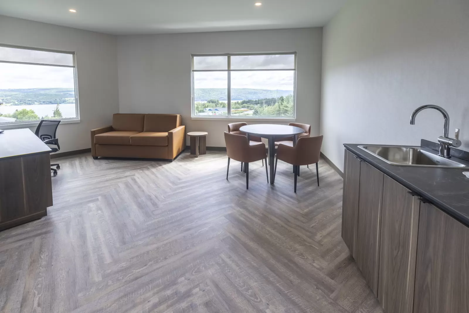 Guest sitting area with a lake view